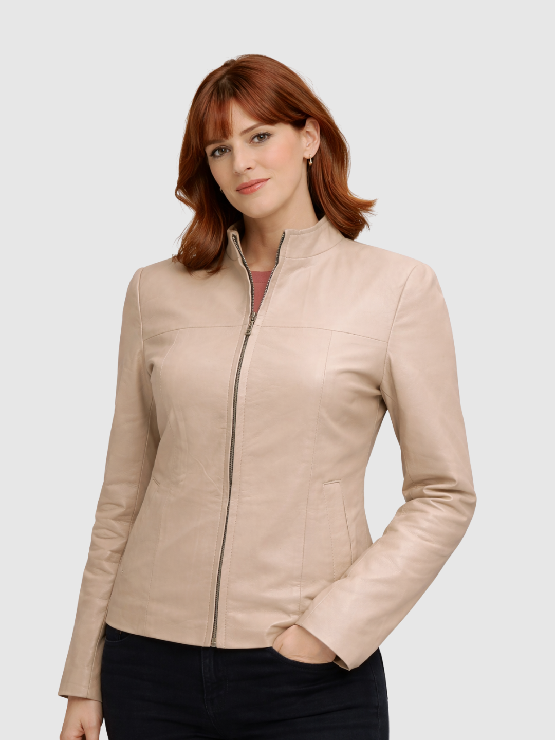 Women's Beige Biker Leather Jacket – Motorcycle Casual Style