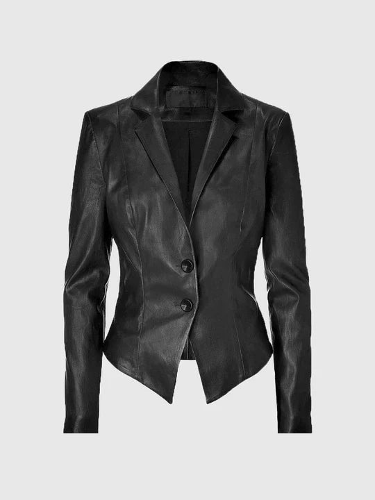 Women's Black Blazer Leather Coat – Smart Casual Style