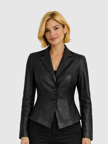 Women's Black Blazer Leather Coat – Smart Casual Style