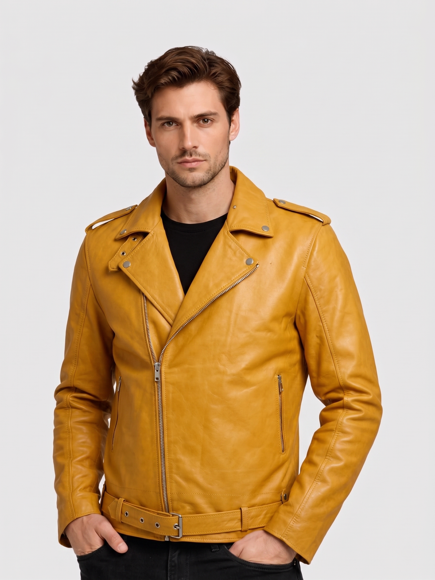 Men's Yellow Biker Leather Jacket – Motorcycle Casual Style