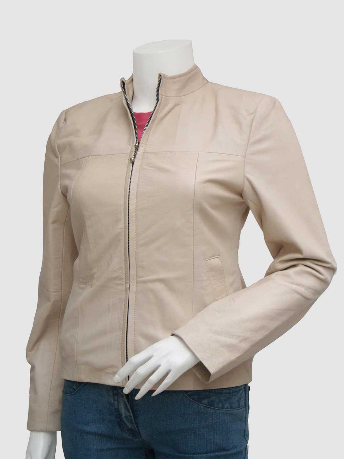 Women's Beige Biker Leather Jacket – Motorcycle Casual Style