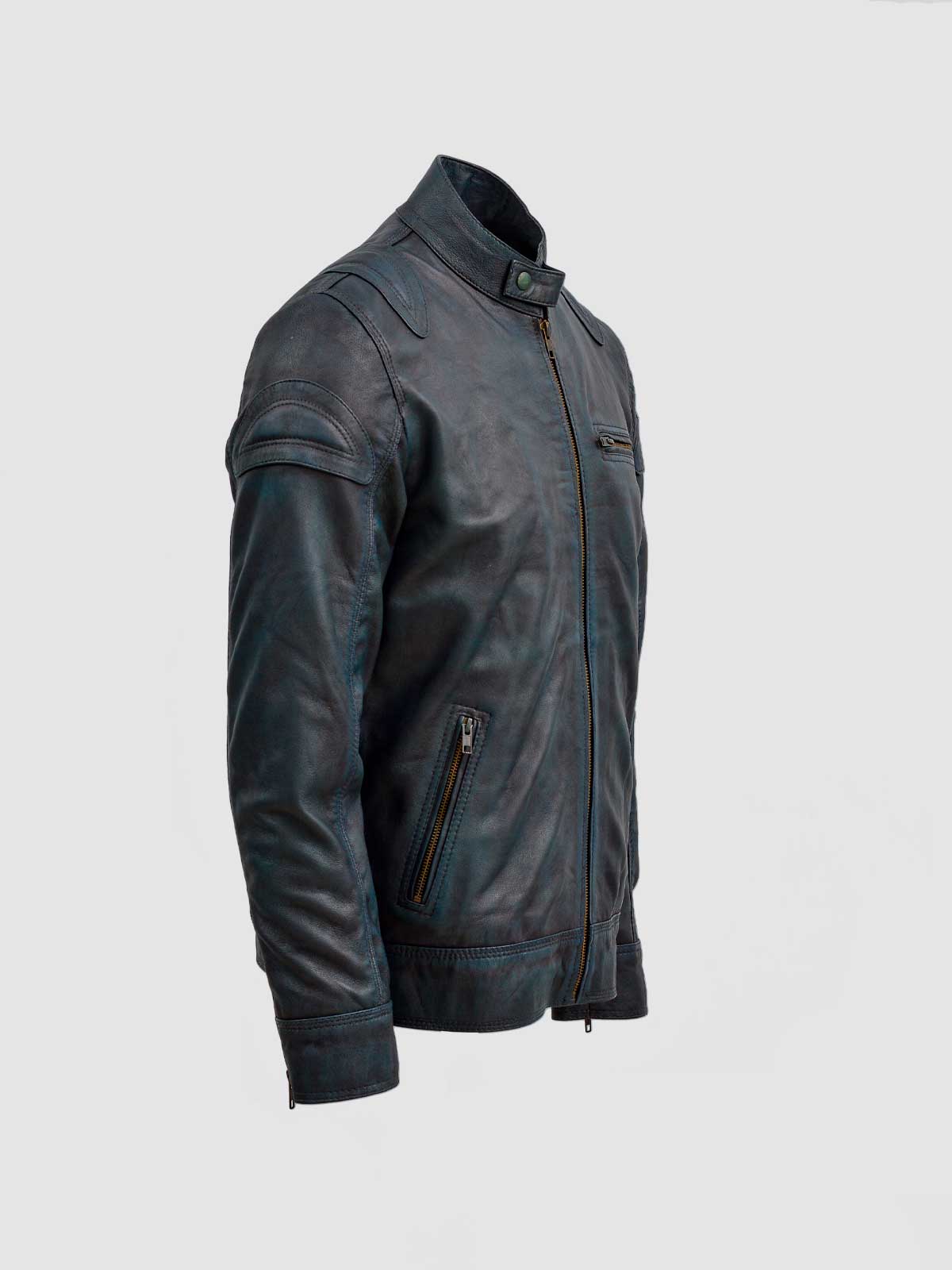 Men's Blue Waxed Leather Jacket – Classic Casual Style