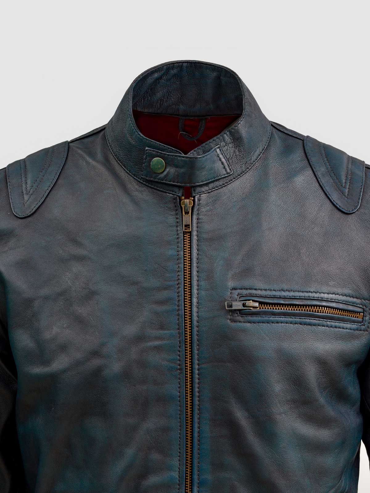 Men's Blue Waxed Leather Jacket – Classic Casual Style