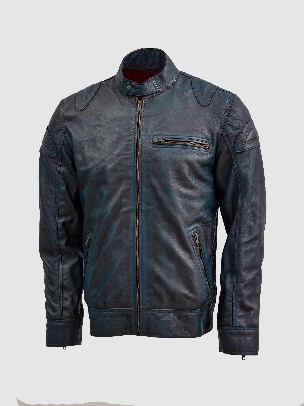 Men's Blue Waxed Leather Jacket – Classic Casual Style