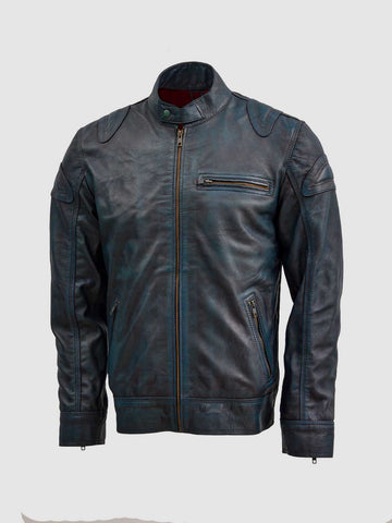 Men's Blue Waxed Leather Jacket – Classic Casual Style