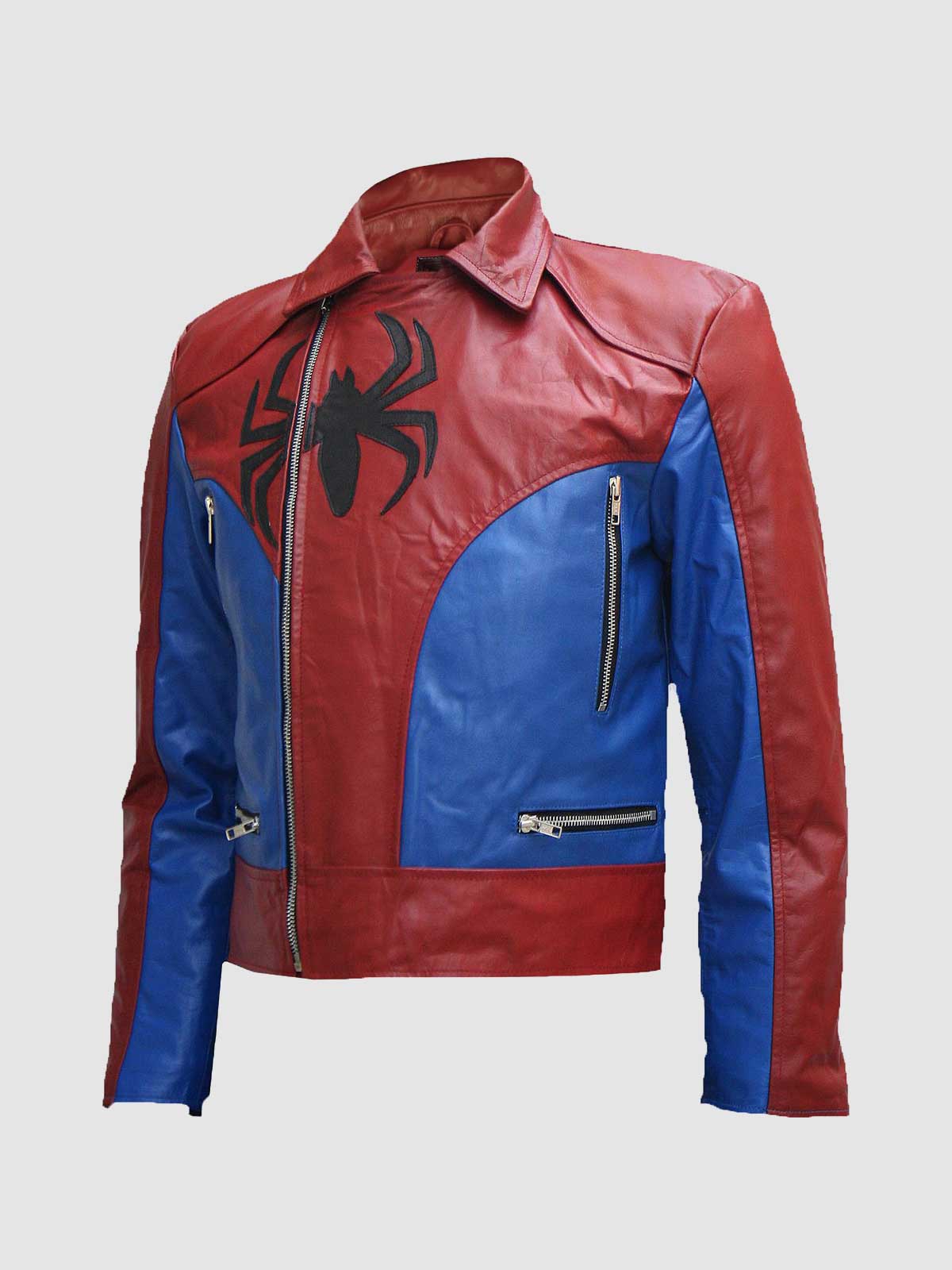 Men's Red & Blue Spider Leather Jacket – Classic Casual Style