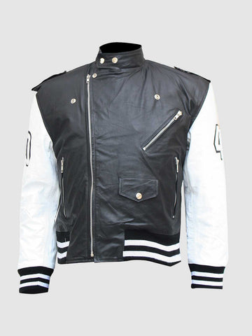 Men's Black & White Bomber Leather Jacket – Motorcycle Casual Style
