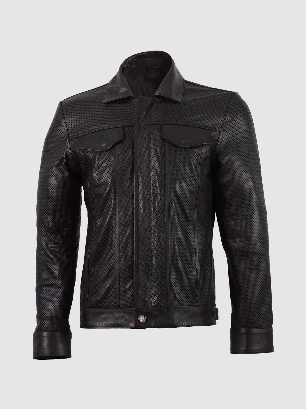 Black Biker Perforated Leather Jacket – Motorcycle Casual Style
