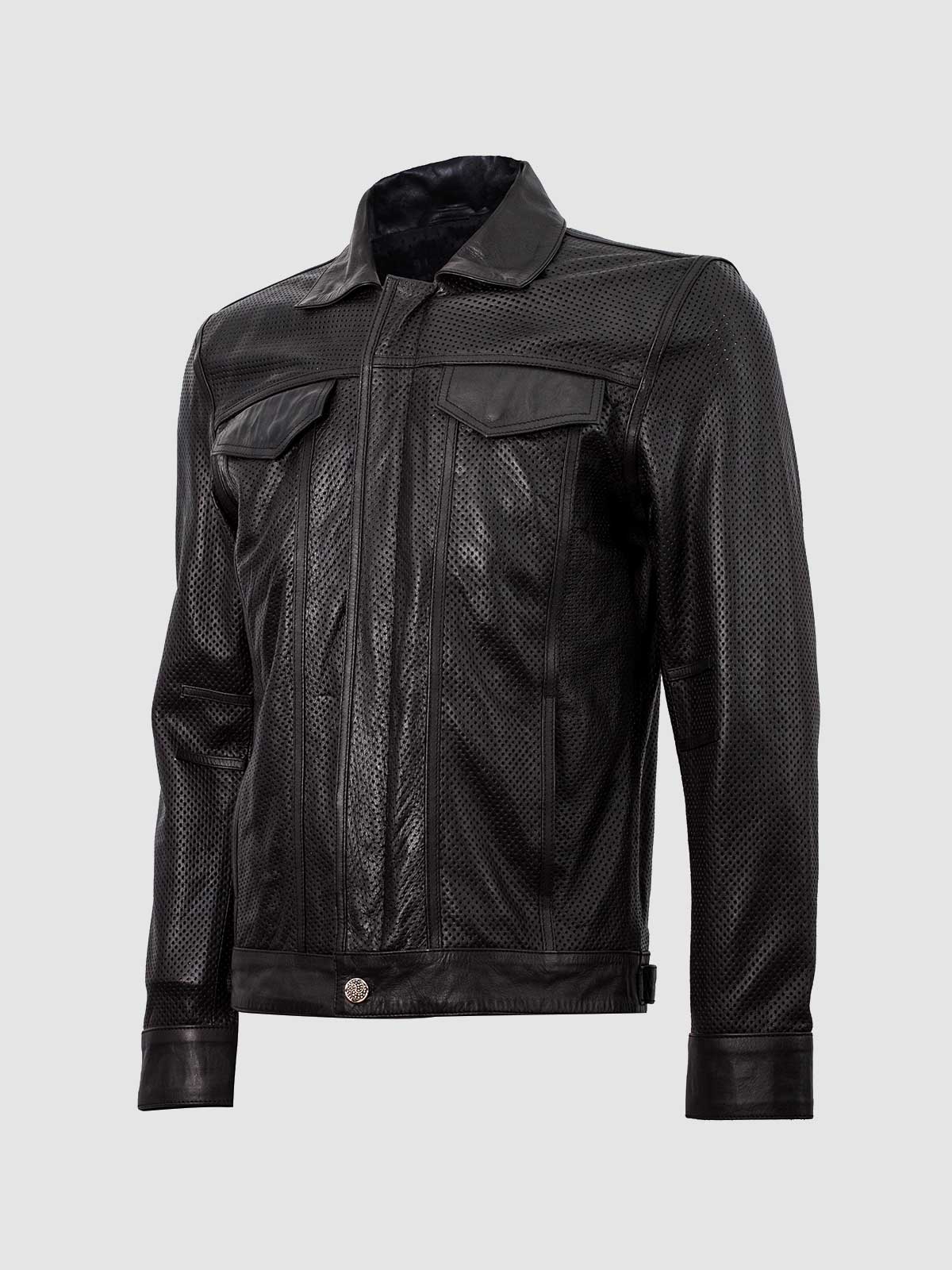 Black Biker Perforated Leather Jacket – Motorcycle Casual Style