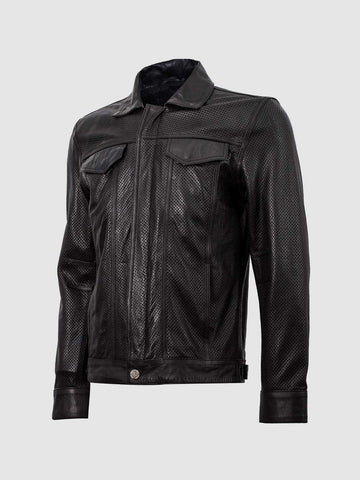 Black Biker Perforated Leather Jacket – Motorcycle Casual Style