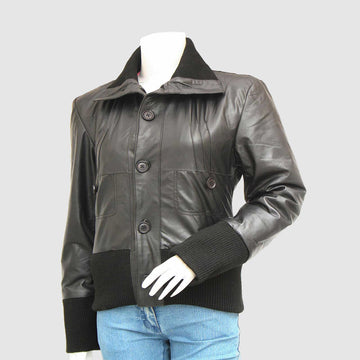 Women's Black Bomber Leather Jacket – Casual Streetwear Style
